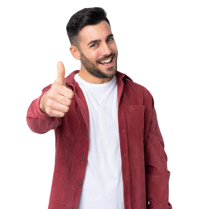 A cheerful young man with neatly styled dark hair and a trimmed beard wears a red corduroy button-up shirt over a white t-shirt. He gives a confident thumbs-up with a bright smile, conveying trust and positivity. This image captures the friendly service and professionalism associated with The Auto Professionals of Indianapolis, Indiana. Visit theautoprofessionals.com to learn more!